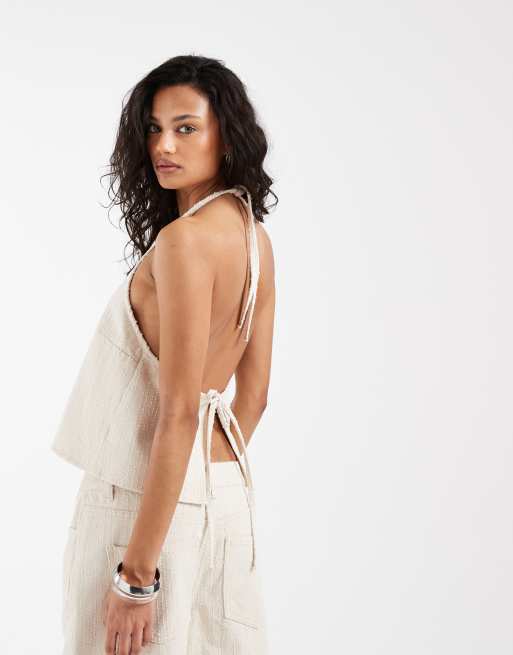 ASOS DESIGN textured denim tie back cami co ord in ecru, 4 of 4