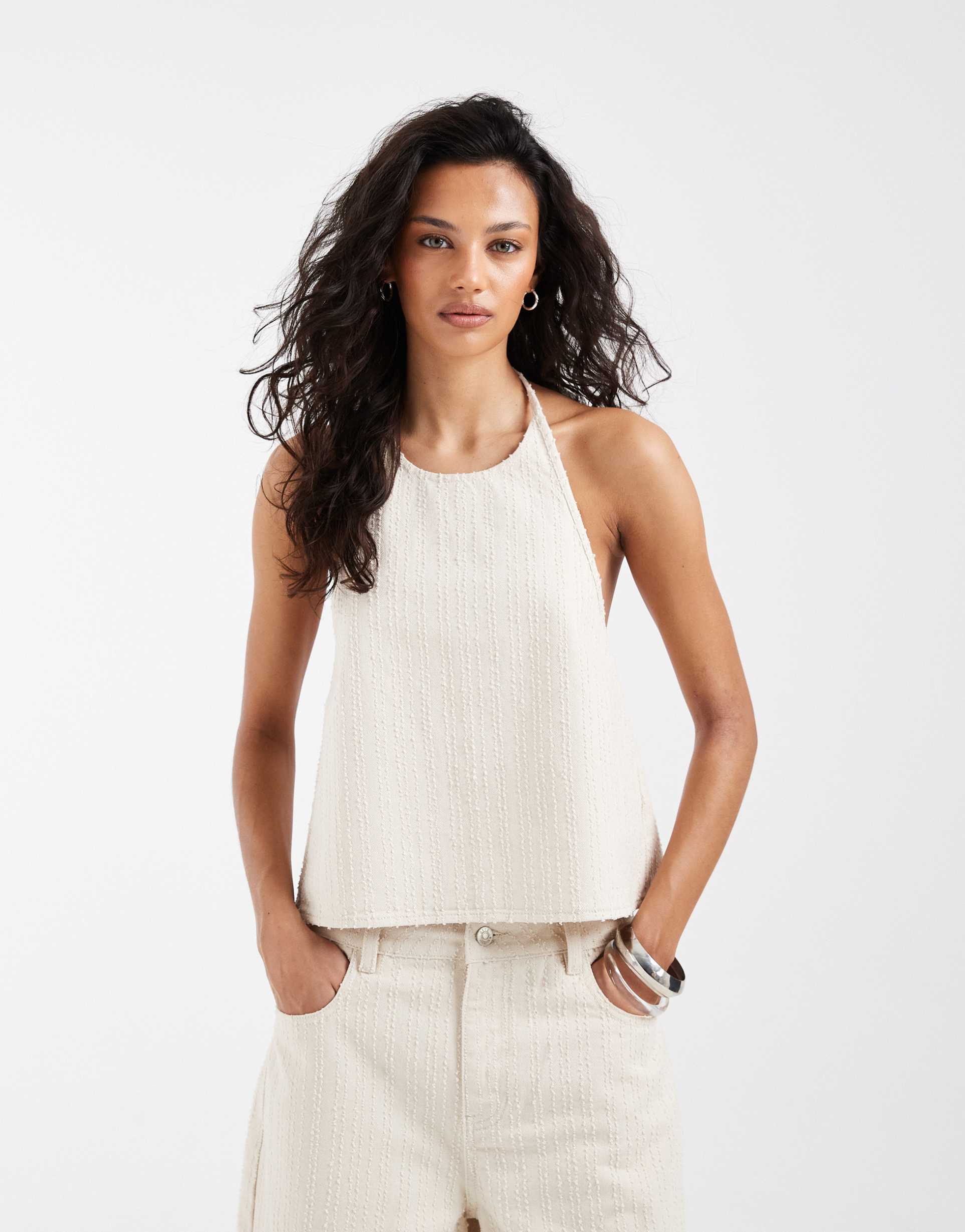 asos design textured denim tie back cami top in ecru - part of a set