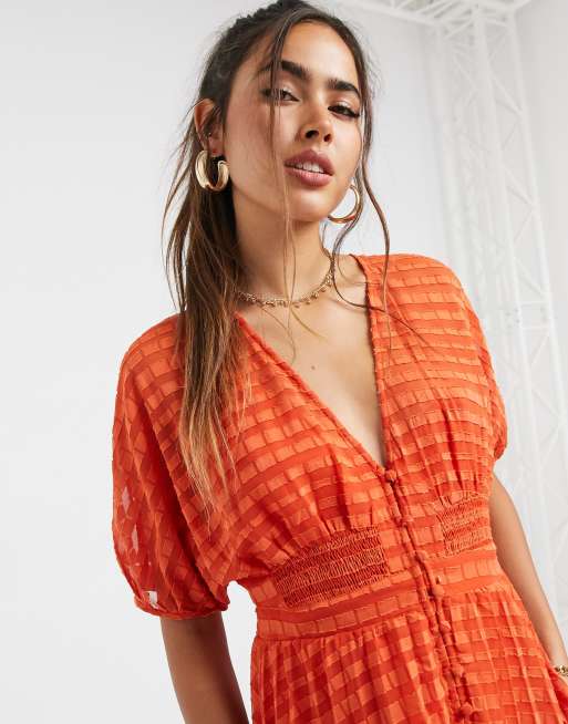ASOS DESIGN textured dobby button through midi tea dress in red, 3 of 4
