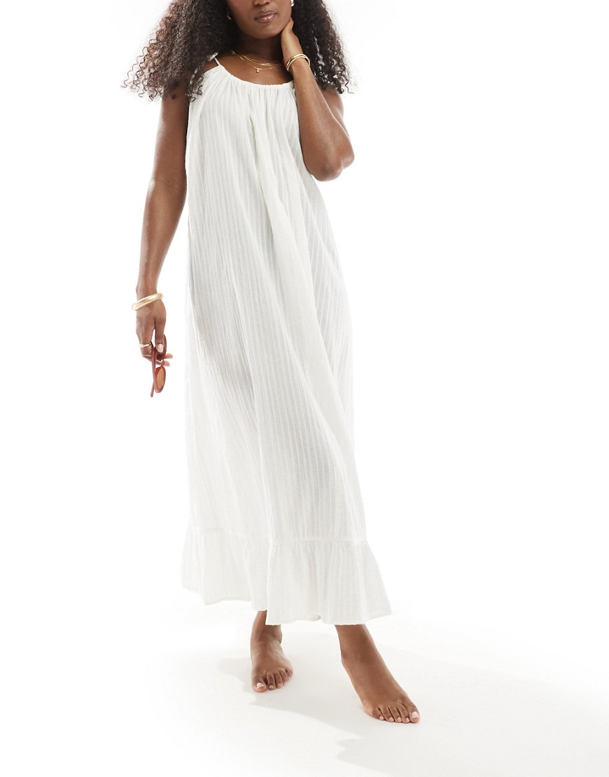 ASOS DESIGN textured dobby drop hem maxi beach dress in ivory-White