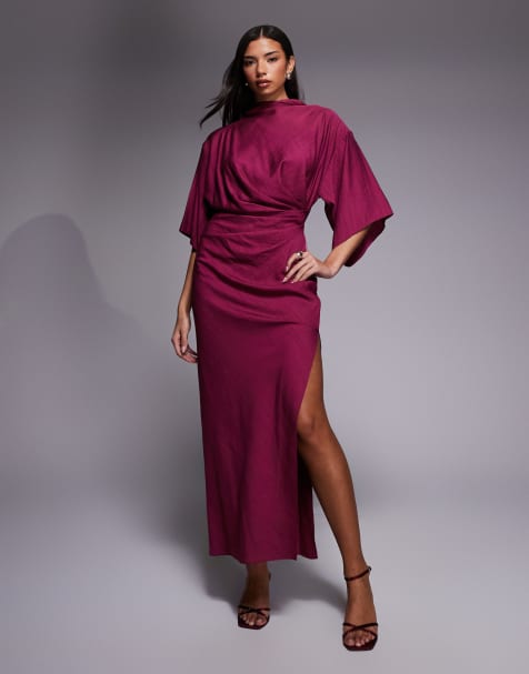 ASOS DESIGN textured drape skirt maxi dress with split detail in mulberry - view 1