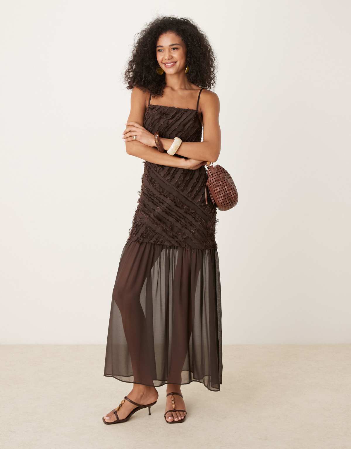 ASOS DESIGN textured dropped waist cami midi dress in chocolate