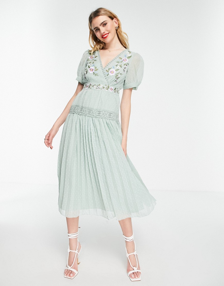 ASOS DESIGN textured dropped waist pleated midi dress with embroidery-Green