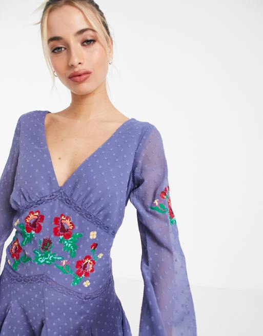 ASOS DESIGN textured embroidered godet skater mini dress with lace trims