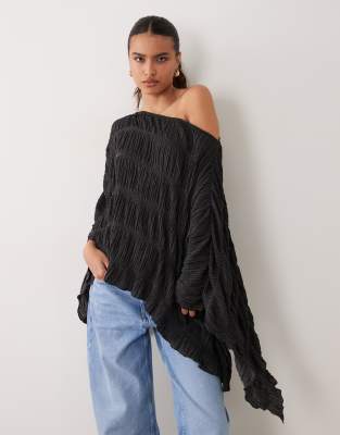 Asos Design Textured Fabric Asymmetric Half Sleeve Cape In Black
