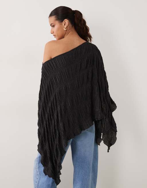 ASOS DESIGN textured fabric asymmetric half sleeve cape in black, 4 of 4