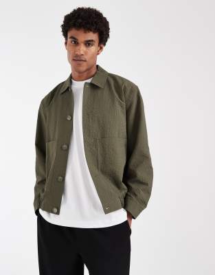 Asos Design Textured Fabric Harrington Jacket In Green