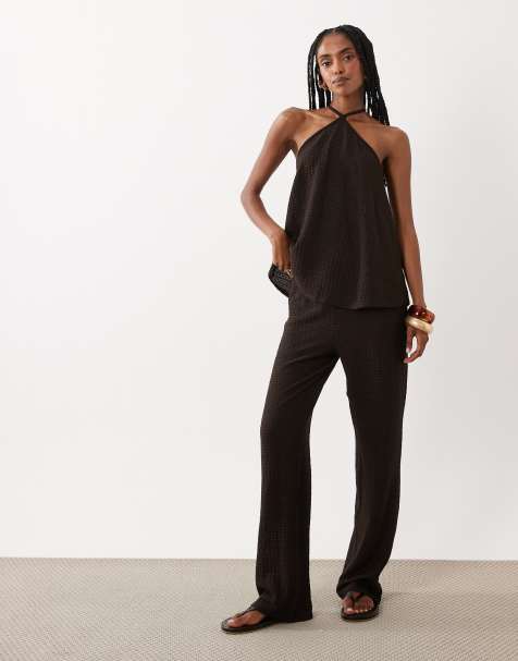 ASOS DESIGN textured fabric pants in chocolate (part of a set) - view 1