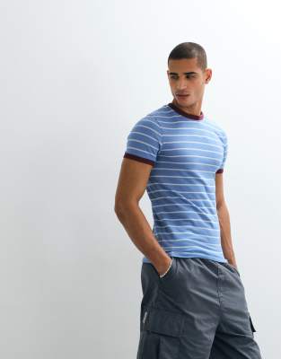 Asos Design Textured Fabric Slim Fit Ringer T-shirt In Blue