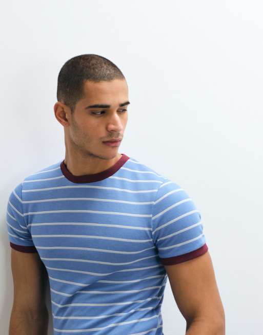 ASOS DESIGN textured fabric slim fit ringer t-shirt in blue stripes, 3 of 5