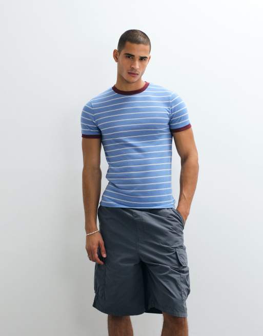 ASOS DESIGN textured fabric slim fit ringer t-shirt in blue stripes, 5 of 5