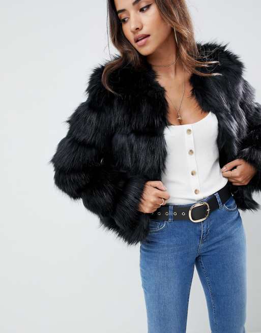 Buy Textured Faux Fur Jacket with Long Sleeves