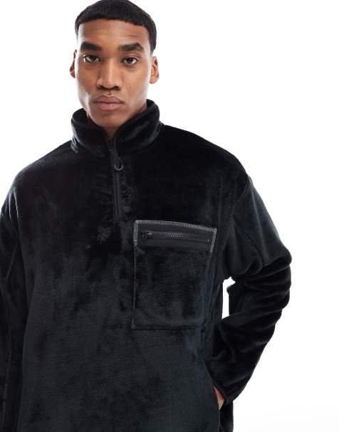 ASOS DESIGN textured faux fur funnel neck sweatshirt in black - view 1