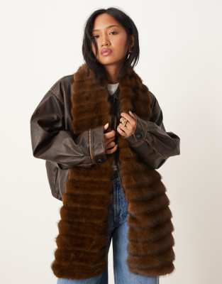 Asos Design Textured Faux Fur Scarf With Pockets In Brown