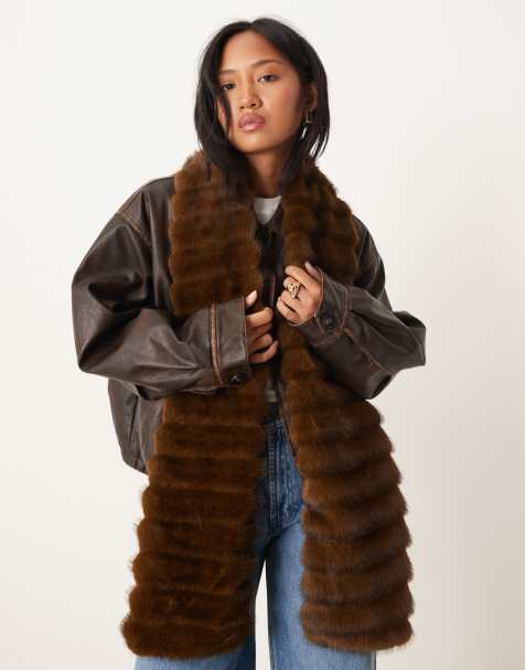 ASOS DESIGN textured faux fur scarf with pockets in chocolate - view 1