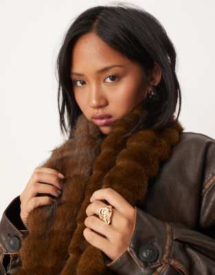 Asos Design Textured Faux Fur Scarf With Pockets In Brown