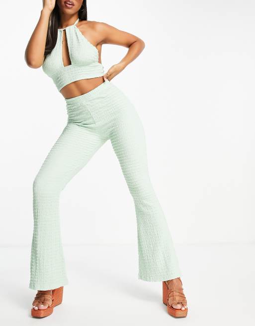 ASOS DESIGN textured flare beach pant in sage - part of a set