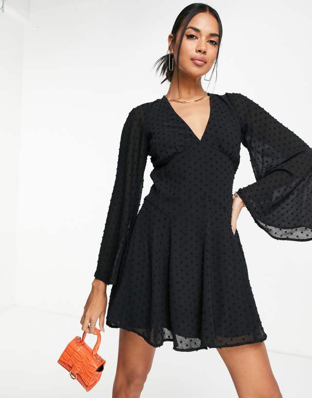 ASOS DESIGN textured flare skater mini dress in black