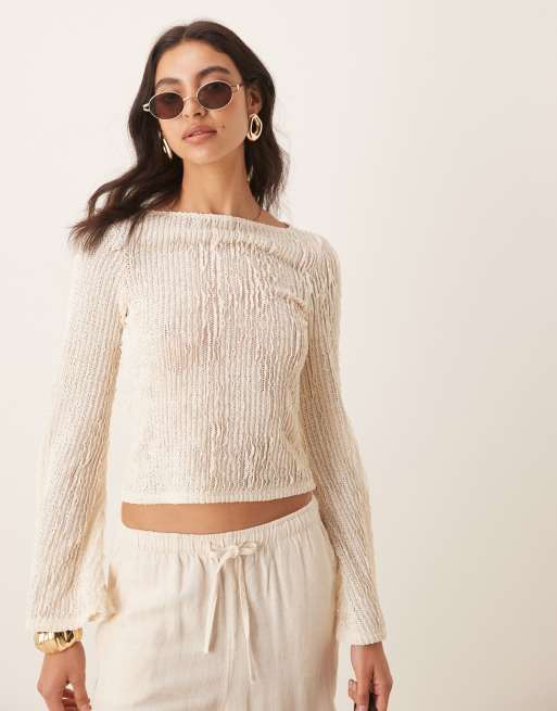 ASOS DESIGN textured flare sleeve top in white	 