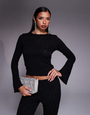Asos Design Textured Flared Long Sleeve Top In Black