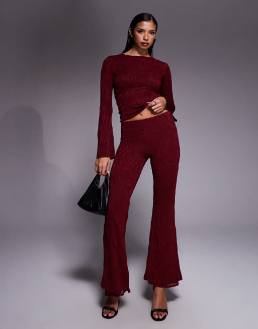 ASOS DESIGN textured flared long sleeve top in burgundy (Part of a set), 2 of 4