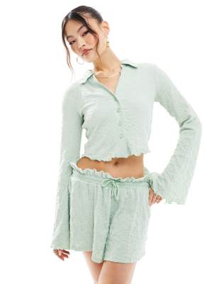 ASOS DESIGN textured flared sleeve shirt in sage (part of a set)