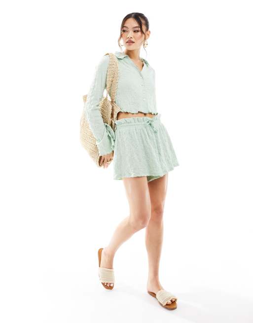 ASOS DESIGN textured flippy shorts in sage - part of a set