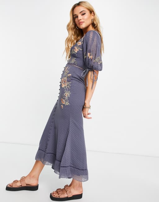 ASOS DESIGN textured floral embroidered midi tea dress with tie detail