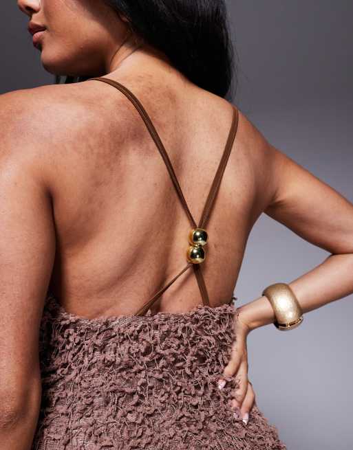 ASOS DESIGN textured fluffy halterneck mini dress in chocolate