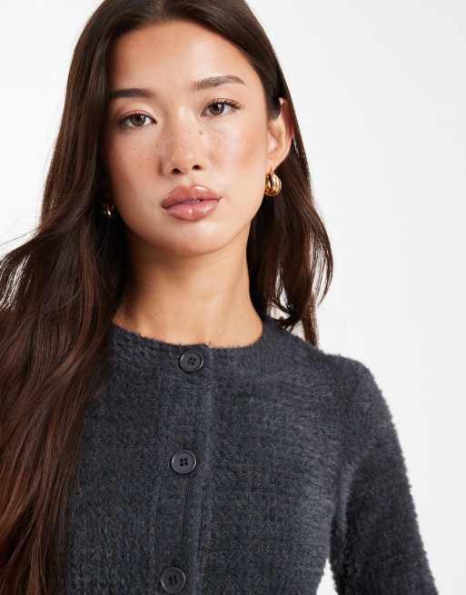 ASOS DESIGN textured fluffy long sleeve cardigan in gray - part of  display picture 1