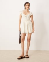 ASOS DESIGN textured flutter sleeve mini dress in khaki
