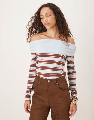 Asos Design Textured Fold Over Off Shoulder Top In Brown