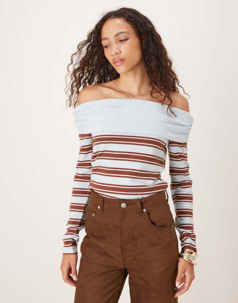 ASOS DESIGN textured fold over off shoulder top in blue & choc stripe - view 1