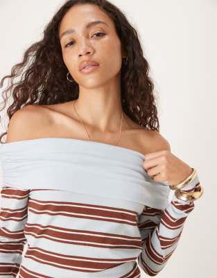 Asos Design Textured Fold Over Off Shoulder Top In Brown