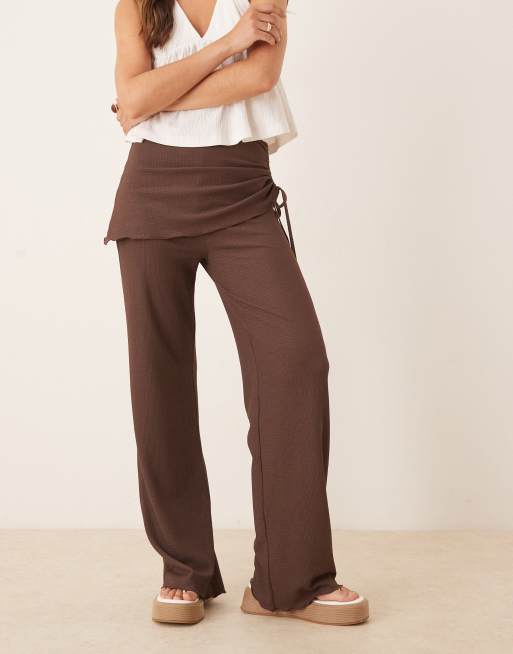 ASOS DESIGN textured fold waist detail straight leg trouser in chocolate, 3 of 5