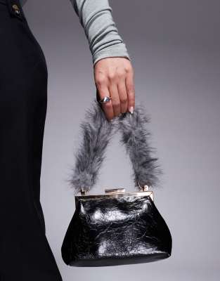 Asos Design Textured Frame Mini Clutch Bag With Faux Fur Top Handle In Red