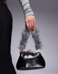 [ASOS DESIGN] ASOS DESIGN textured frame mini clutch bag with faux fur top handle in black No Size BLACK