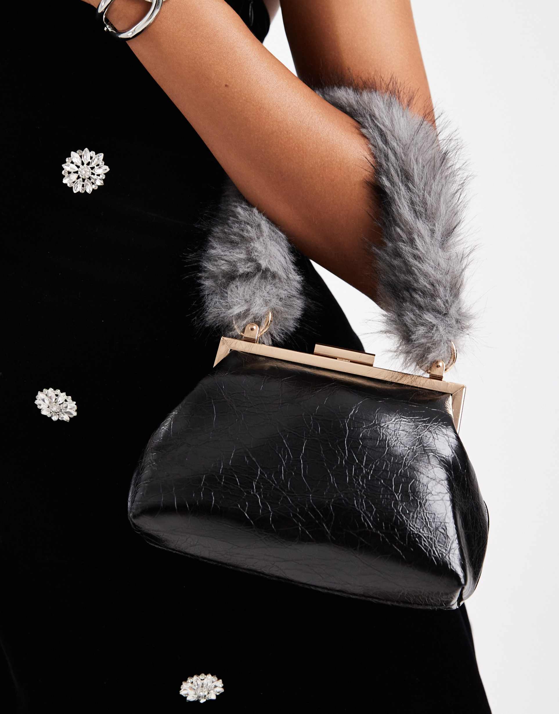 asos design textured frame mini clutch bag with faux fur top handle in black