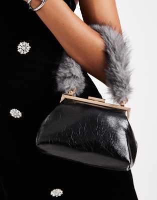 ASOS DESIGN ASOS DESIGN textured frame mini clutch bag with fur top handle in black