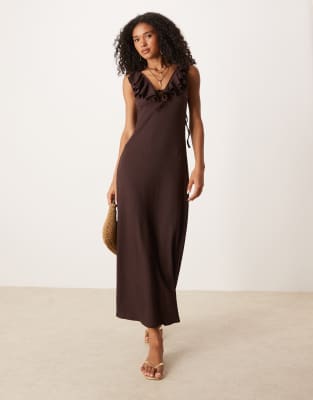 Asos Design Textured Frill Detail Midi Dress In Brown