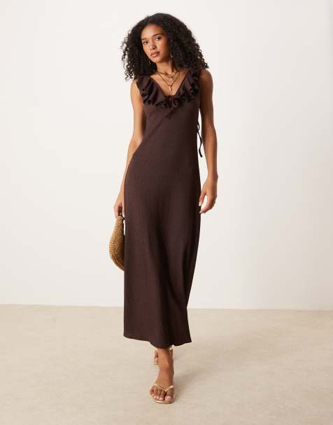 ASOS DESIGN textured frill detail midi dress in chocolate - view 1