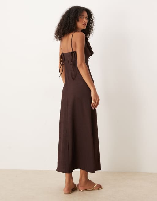 ASOS DESIGN textured frill detail midi dress in chocolate, 4 of 4
