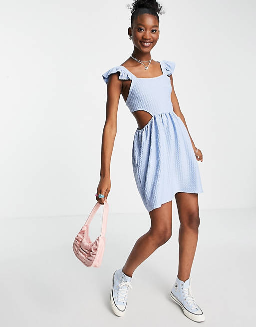 Dresses textured frill strap mini dress with back cut out in chambray blue 