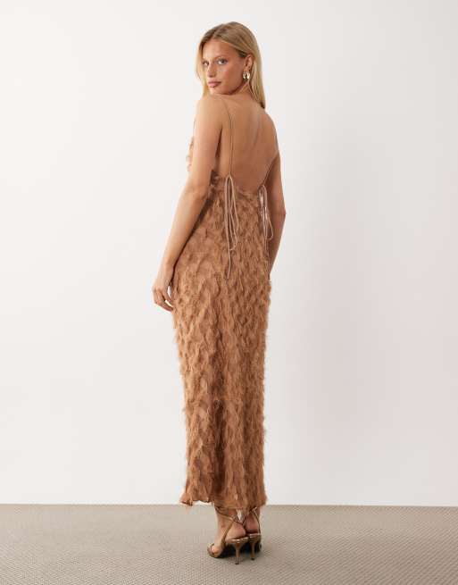 ASOS DESIGN textured fringe backless maxi dress in caramel, 2 of 4