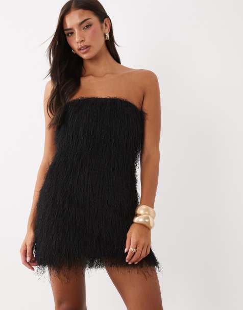 ASOS DESIGN textured fringe bandeau mini dress in black - view 1