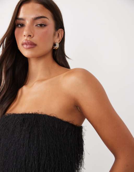 ASOS DESIGN textured fringe bandeau mini dress in black, 3 of 4