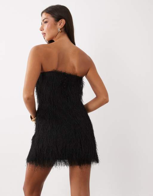 ASOS DESIGN textured fringe bandeau mini dress in black, 4 of 4