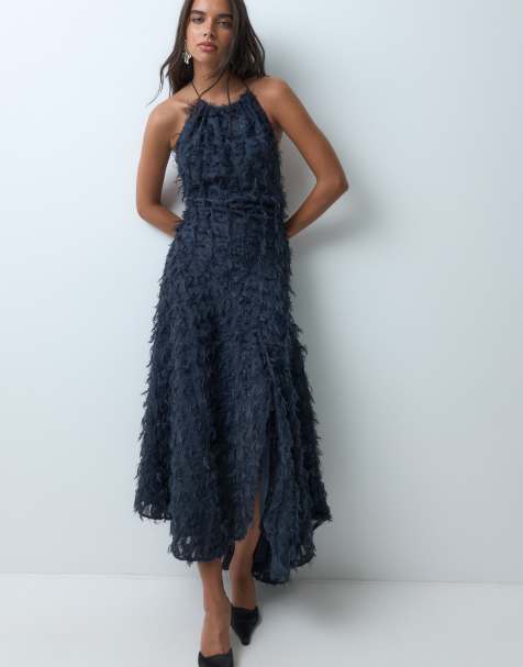 ASOS DESIGN textured fringe cowl halter midaxi dress in dark navy - view 1