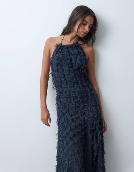 ASOS DESIGN textured fringe cowl halter midaxi dress in dark navy, 5 of 5