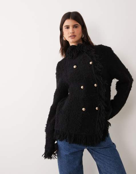 ASOS DESIGN textured fringe double breasted cardigan in black - view 1